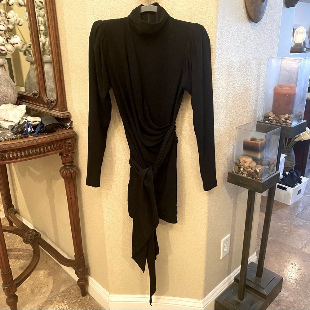 Skaist Taylor Helena Drape Tie Waist Turtleneck Party Black Mini Dress Size 2